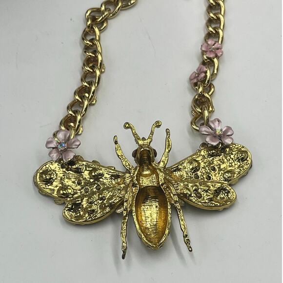 Betsey Johnson Vintage Enchanted Floral Garden Beetle Queen Bee Moth Necklace - Picture 7 of 13